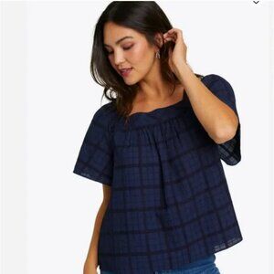 Draper James Women's Maren Top in Pane Plaid Navy Blue Size Large